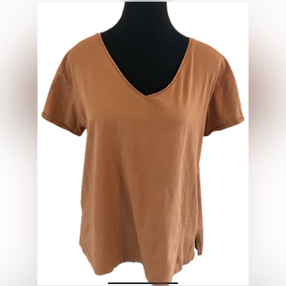 Wishlist Soft Carmel V-Neck Short Sleeve T Shirt with Cuffed Sleeves .